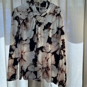 Calvin Klein Blouse Womens Sz‎ XL Floral Marbled Ruched Asymmetrica Neckline